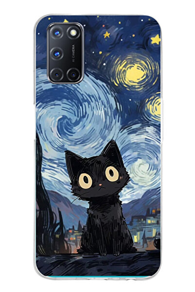 TechTree OPPO A52 - A72 - A92 Uyumlu Gece Yarısı Kedi Tasarımlı Şeffaf Siliko...