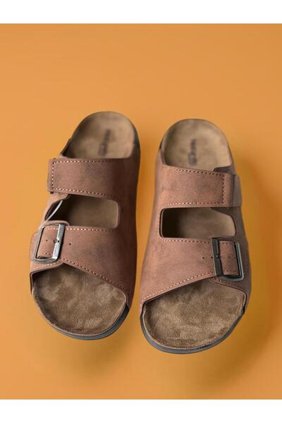 GEZER Erkek Ayarlanabilir Çift Bantlı Tokalı Deri Terlik
