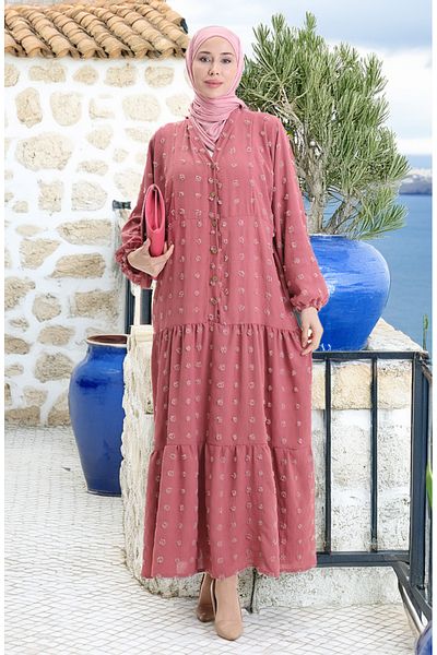 sefamerve Viscose Fabric Half Button Dress 0062-03 Dusty Rose