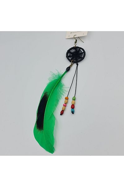 SE Jewellery Collection Selin Ersoy Bohemian Style Green Feather Detailed Dream Catcher Model Hanging Single Earring