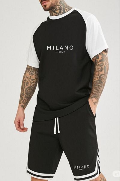 NO 601 Men's White Raglan Sleeve Oversize Tshirt Black Extrafor Shorts Milano Italian Printed Bottom-Top Set