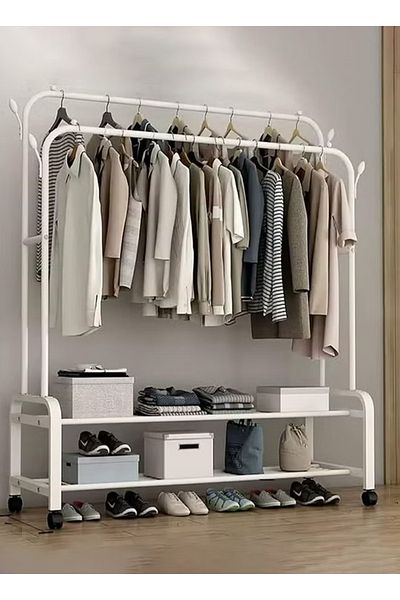 Cady One Metal Clothes Hanger Organizer and White Clothes Stand with Wheels 110x55x150 cm