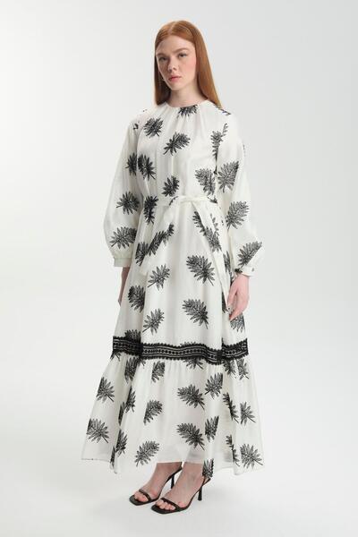 Zühre Leaf Patterned Comfortable Dress Ecru 0494