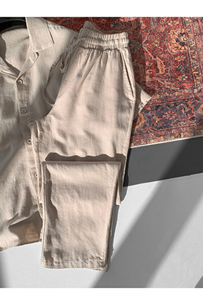 NO1 KONSEPT Beige Linen Cotton Comfortable Fit Shirt Pants Set