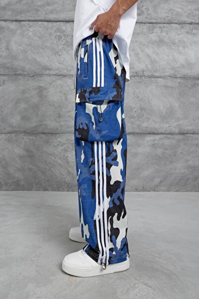 NOMARC Erkek Mavi Desenli Çizgili Kargo Cepli Eşofman Altı