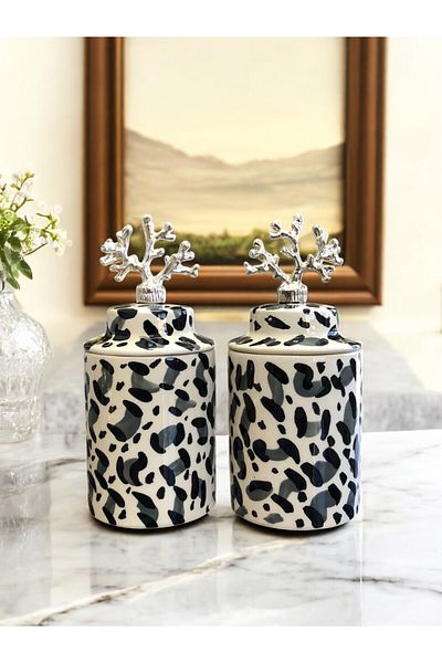 ferayhome Kitchen and Living Room Accessory Decorative Object Spice Rack Cylinder 2-Piece Ceramic Lid Gray Leopard Silver