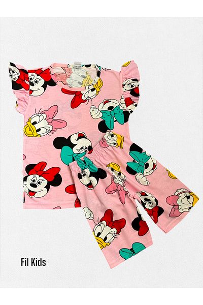 Fil Kids Girl's Cotton Pink Cute Ducks Patterned Ruffled Short Sleeve Shorts Summer Pajama Set