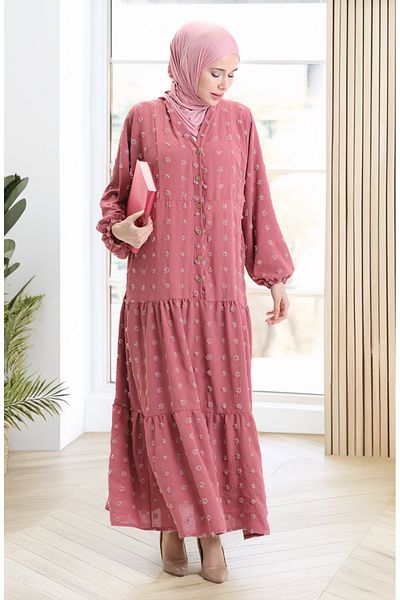 sefamerve Viscose Fabric Half Button Dress 0062-03 Dusty Rose