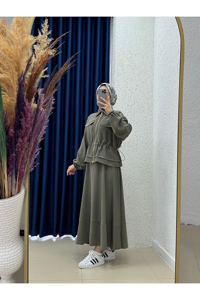 Ebrar Store Zenenya Double Pocket Covered Skirt Suit-El1928 Khaki