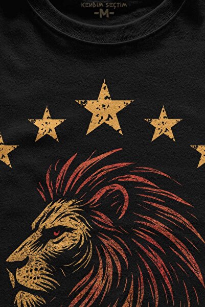 LOTS MODA Unisex Siyah Tişört 5 Yıldız Aslan Sarı Kırmızı Şampiyon Beş Yıldız Baskılı T-shirt