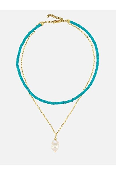 LİNYA JEWELLERY İncili turkuaz Taşlı İkili Zincir Kolye