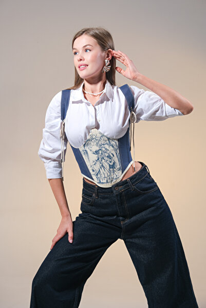 CHAROS Victorean Dönemi Baskılı Bağıcıklı Askı Detaylı Göğüs Altı Korse