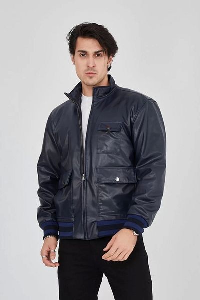 MODA Men's Zippered Fiber and Lined Faux Leather Jacket - Navy Blue
