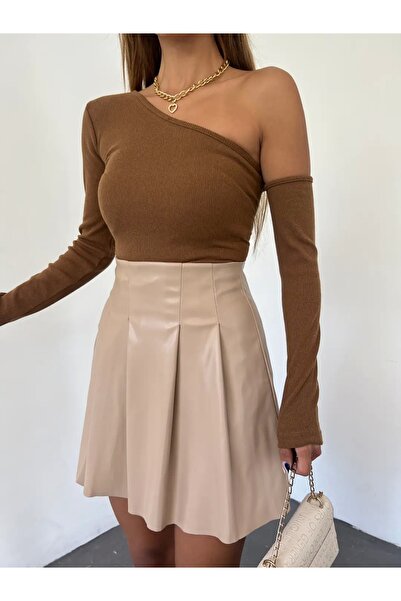 TakıDolabı Fusta mini din piele plisata BEJ