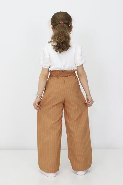 RAPİDO LİFE Girl's Summer Printed Short Sleeve T-Shirt Striped Pattern Belted Pants Two Piece Set