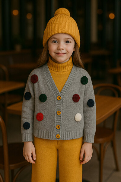 Hilal Akıncı Kids Girl's Pompom Gray Knitwear Cardigan Sleeveless Inner Badi Knitwear Pants Beret 4-Piece Set