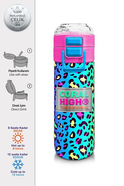 Coral High Kids Girl Patterned Straw and Direct Drinking Steel Thermos 500 ml