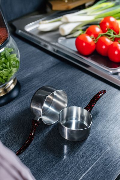 Doğuş Mutfak Set of 2 Stainless Steel Saucepan Milk Pot and Sauce Pot 12-14 cm with Wicker