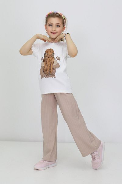 RAPİDO LİFE Girl's Summer Printed Short Sleeve T-Shirt Striped Pattern Belted Pants Two Piece Set