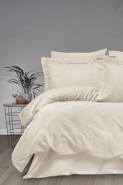 Sevim Jacquard 100% Cotton Satin Double Duvet Cover Set - Marriage Set Bedding Sets -Aura Cream