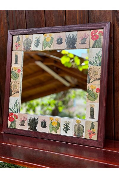 Butik Doğal Ahşap Çerçeveli UV Baskılı Büyük Ayna 40x40 cm (Kaktüs) Konsol Aynası