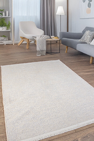 LIBRAHOME Beyaz Şönil Kilim Dokuma Makine Halısı Kaymaz Taban Yıkanabilir Pam...