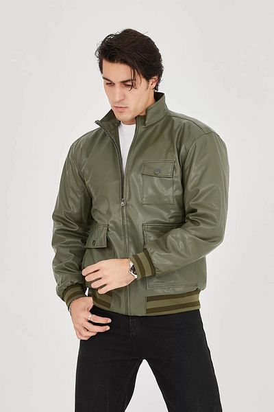 MODA Men's Zippered Fiber and Lined Faux Leather Jacket - Dark Green