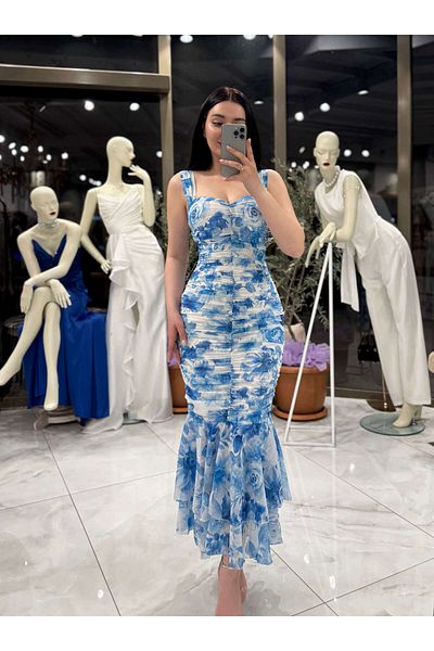 missswans Mirna Thick Strap Skirt Flared Long Length Dress Blue