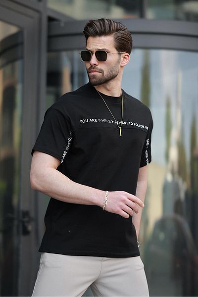 Madmext Black Crew Neck Printed Basic T-Shirt E7156