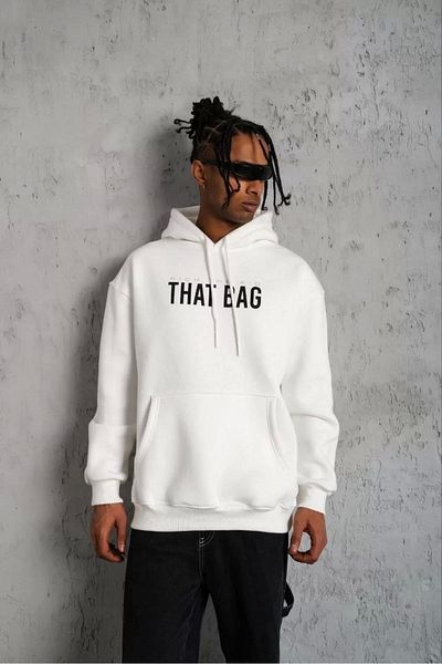 HobiDünyasıElif Men's Kangaroo Pocket Printed Hooded Sweatshirt - White