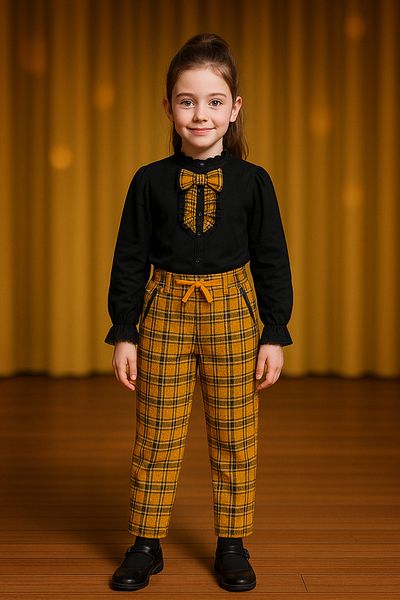 Hilal Akıncı Kids Girl's Piece Detailed Black Blouse Plaid Patterned Trousers Buckle 3-Piece Set
