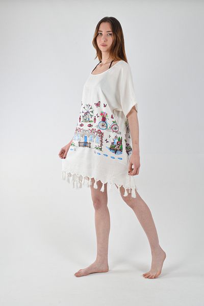 REİNA TEKS Beachwear Beach Dress Crew Neck Beach Town Bodrum Patterned Cotton Beachwear 1Pcs Pareo