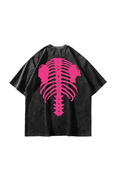 Bak Moda Ružičasti riblji okvir Štampano Oversize kroj Unisex periva crna majica