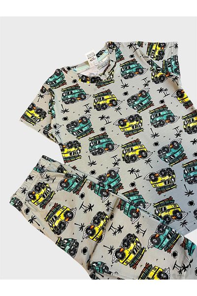 tusem butik homewear Boys' 100% Cotton Gray Car Patterned Short Sleeve Six Long Summer Pajama Set