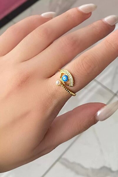 TakıDolabı خاتم قابل للتعديل مع تفاصيل اللؤلؤ الذهبي والعين الشريرة