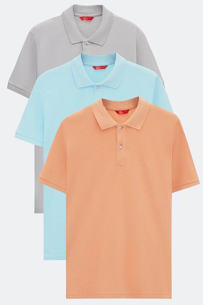 D'S Damat Ds Damat Regular Fit Light Turquoise/Apricot/Grey Pique Textured 100% Cotton Polo Neck T-Shirt