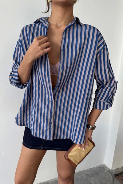 nedo7 Striped Shirt Linen - Navy Blue