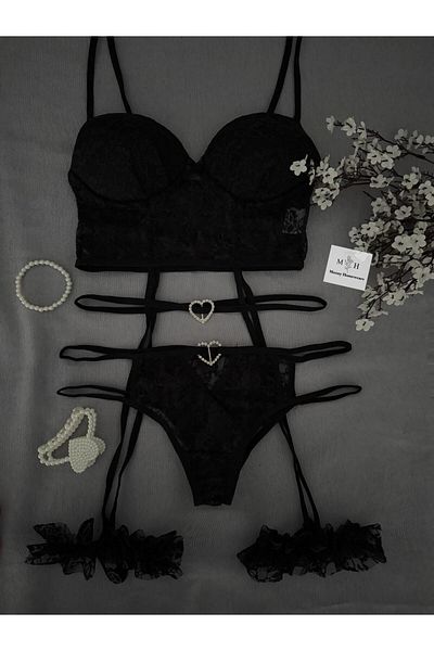 MH Moony Homewears Dodov Stone Detailed Black Garter Set