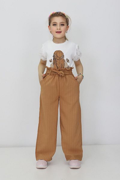 RAPİDO LİFE Girl's Summer Printed Short Sleeve T-Shirt Striped Pattern Belted Pants Two Piece Set
