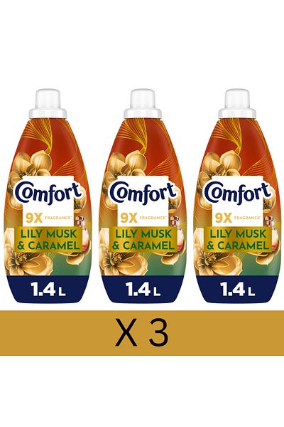 Comfort Concentrate Fabric Softener, Lily Musk & Caramel, 9x fragrance, 1.4 L x3
