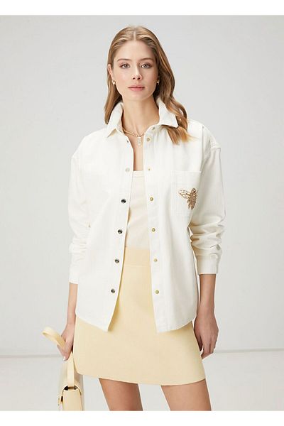 RECEP AYDIN Ecru Brooch Detailed Denim Outer Shirt