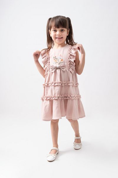 Acabella Girl's Muslin Fabric Rose Detailed Dress with Bow