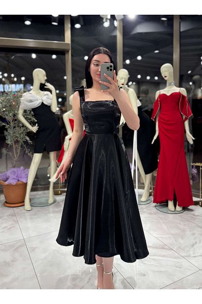 missswans Lilit Strap Bow Detailed Low Back Midi Length Shiny Evening Dress Black