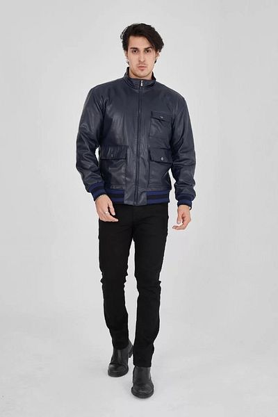 MODA Men's Zippered Fiber and Lined Faux Leather Jacket - Navy Blue