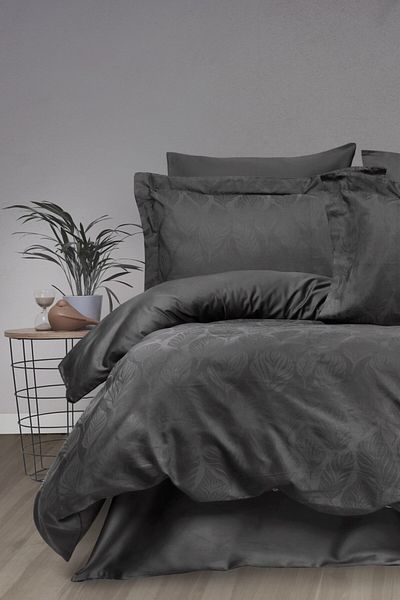 Sevim Tivoli Jacquard 100% Cotton Satin Double Duvet Cover Set -Aura Anthracite