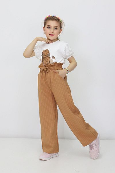 RAPİDO LİFE Girl's Summer Printed Short Sleeve T-Shirt Striped Pattern Belted Pants Two Piece Set