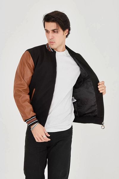MODA Men's Faux Leather Jacket with Internal Fiber and Lined Sleeves - Brown