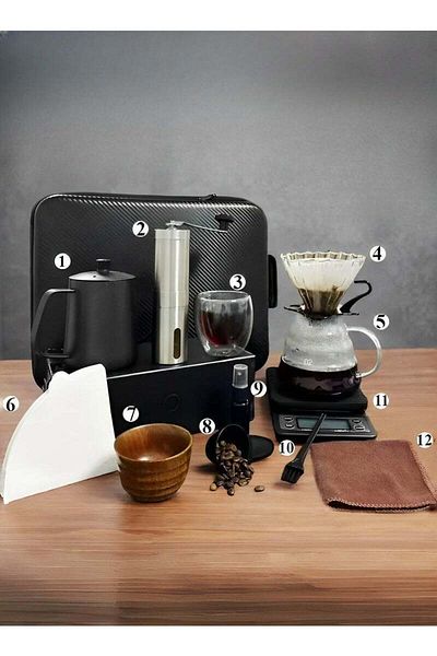 Denx Professional Coffee Drip Set V60 Drip Tools 12 Piece Set with Coffee Bag, Black, Leather