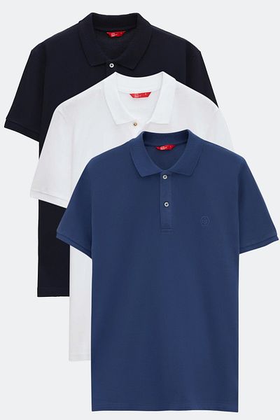 D'S Damat Ds Damat Regular Fit Navy Blue/Indigo/White Pique Textured 100% Cotton Polo Neck T-Shirt