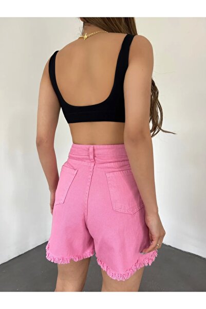 Genel Markalar Paçası Püsküllü Yıkamalı Denim Şort Pembe Renk